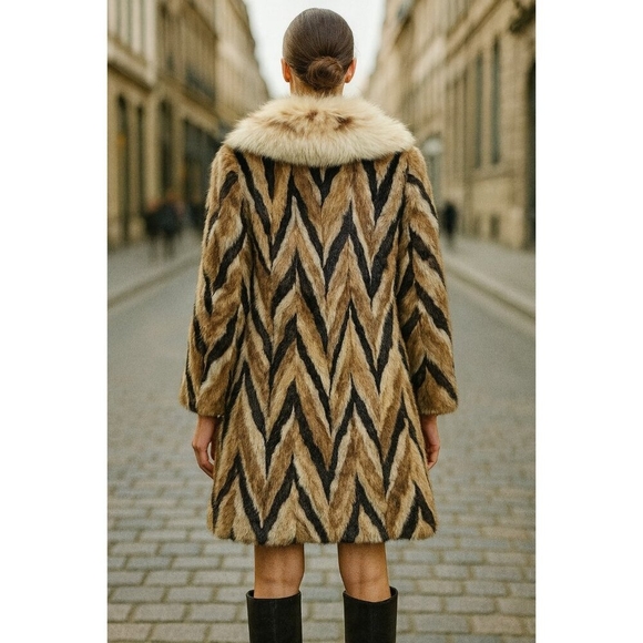 Vintage Marie Enny Real Mink Fur Coat Genuine FoxFur Collar Tiger Stripe Pattern - Picture 6 of 15